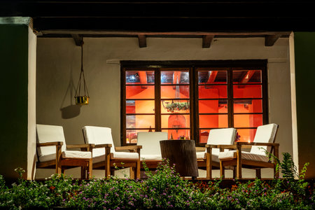 Comfortable chairs on the empty terrace in the evening, Tanzania, east Africaのeditorial素材