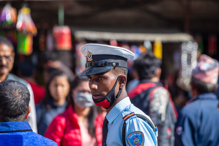 Kathmandu, Nepal - oct 25, 2016: Nepali police maintain order on the streets of Kathmandu, Nepalのeditorial素材