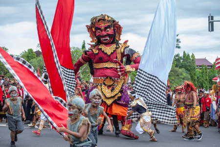 Bali, Indonesia - jan 08, 2018: Ogoh-ogoh statue and balinese people participate in street ceremony, during a pre-election rally, the Indonesian Democratic Party of Struggle, island Bali, Indonesiaのeditorial素材
