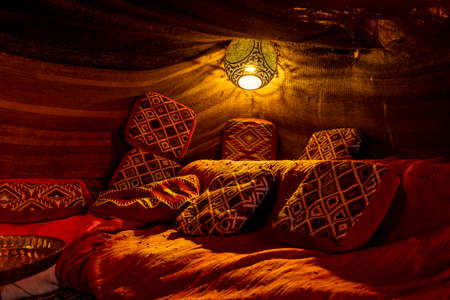 Traditional arabic tent interior in desert at night in Sharm El Sheikh, Egypt, Africaの写真素材