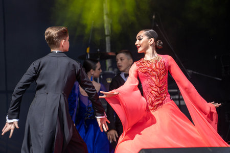 Shepetivka, Ukraine - june 13, 2021: Young performers dance at the Shepetivka City Day street festival, Ukraineのeditorial素材