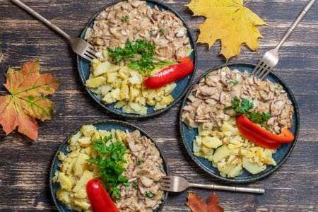 Roasted wild porcini mushrooms and fried potatoes on plate, close up, top view. Ukraineの写真素材