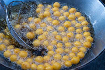 Coconut rice balls is traditional Thai dessert made from rice flour and coconut milk at street food...