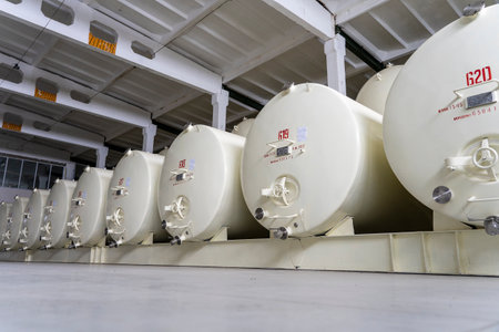 Steel metal tanks for wine fermentation at manufacture of the Bouquet of Moldova Winery in...