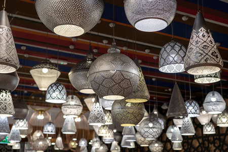 View of modern ceiling light. Lighting decoration concept. Modern hanging ceiling lampsの写真素材