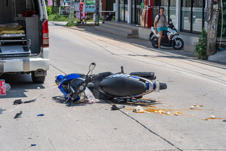 Koh Phangan, Thailand - may 19, 2019: Motorcycle accident that happened on the road at tropical island Koh Phangan, Thailand. Traffic accident between a motorcycle on streetのeditorial素材