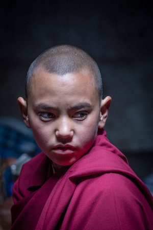 Ladakh, Northern India - June 26, 2015: Tibetan young guy is participating Hemis Buddhist Festival...