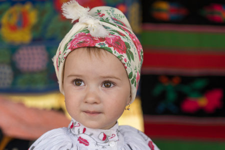 Slavuta, Ukraine - September 22, 2019: Ukrainian young girl in national costumes take part in the Ethno-eco festival Kolodar in city Slavuta, Ukraineのeditorial素材