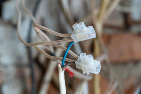Plastic connection of electrical cables at home, close upの写真素材