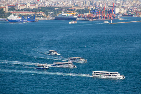 Istanbul, Turkey - july 07, 2015: Beyoglu district, tourist ships and water Golden Horn in Istanbul,...