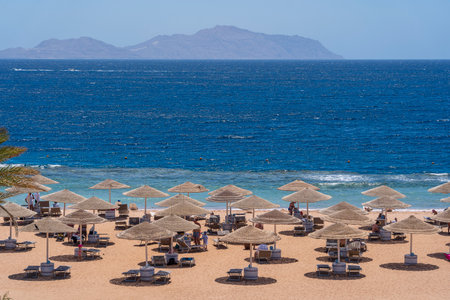 Sharm El Sheikh, Egypt - may 23, 2021 : People relax on a luxury sand beach with beach chairs and straw umbrellas at a tropical resort on the Red Sea coast in Sharm El Sheikh, Egypt, Africaのeditorial素材