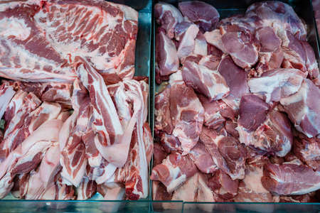 Close up fresh meat in the market, Thailand. Meat background in store