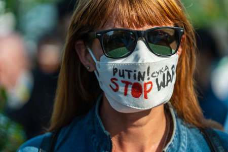 Bangkok, Thailand - Feb, 27, 2022 : Demonstrators protested Russias intervention in Ukraine in front of the Russian embassy in Bangkok, Thailandのeditorial素材