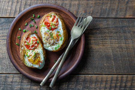 Baked potatoes stuffed with cheese, tomato, green onion and eggs in ceramic plate on wooden background, top view, close upの写真素材