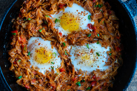 Stewed cabbage with vegetables and fried eggs in a frying pan on a wooden background, close up, top view. food background. healthy foodの写真素材