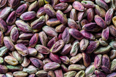 Pile pistachio kernels nuts without shell, close up. Pistachios without shell, top view. Whole nut kernelsの写真素材