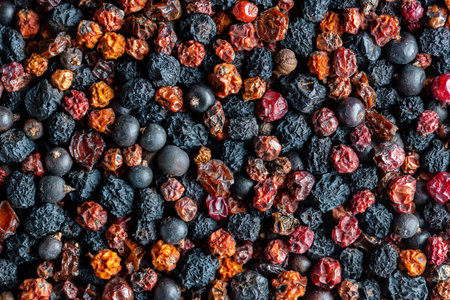 Homemade dried wild berries in background, close up, top view. food background. Healthy food, mix of colorful dry berriesの写真素材