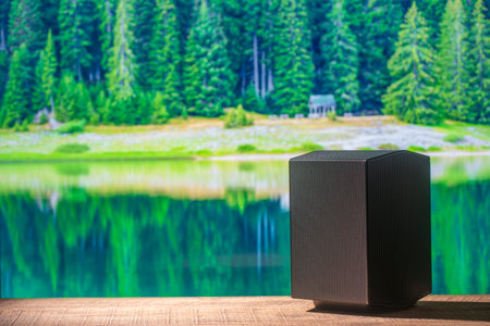 Black acoustic sound speaker on a wooden table with the lake water and forest background on a sunny summer day. The musical equipment, close upの写真素材