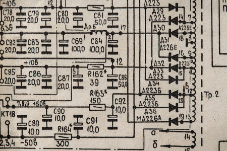 Old radio circuit printed on vintage paper electricity diagram as background for education, electricity industries and repair. Electric radio scheme from USSR, close upの写真素材