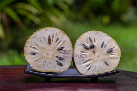 Soursop, Guanabana, Custard Apple, Annona muricata on nature background, close up . Island Bali, Ubud, Indonesiaの写真素材