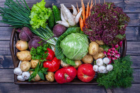 Group of fresh, raw vegetables on rustic wooden table tray. Selection includes carrot, potato, cucumber, tomato, cabbage, lettuce, beetroot, onion, garlic, radish, dill and parsley. Top view close upの写真素材