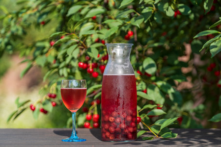 Homemade cherry brandy in a glass and in a glass bottle on a wooden table in a summer garden, close-upの写真素材