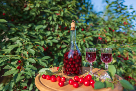 Homemade cherry brandy in two glasses and in a glass bottle on a wooden table in a summer garden, close upの写真素材