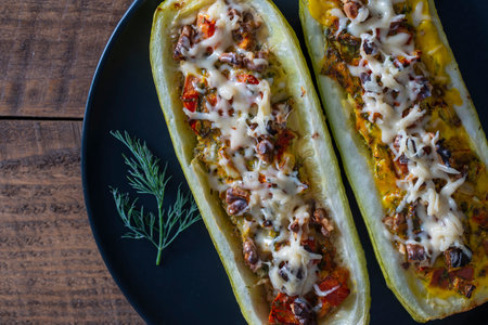 Zucchini stuffed with shrimps, vegetables and cheese. Baked zucchini boats, top view, close upの写真素材