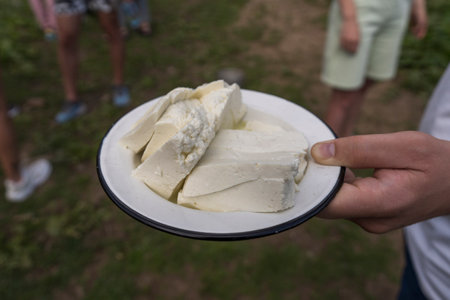 Hutsul farmer offers freshly prepared sheep cheese for tasting for Ukrainian tourists at the mountainous Carpathian cheese factory, Western Ukraine, Europe, close upの写真素材