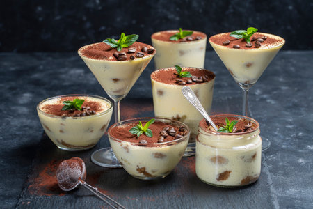 Traditional Italian dessert tiramisu decorated with cocoa powder, coffee beans and green mint on table, close up. Assortment of tiramisu sweet in various glassware on black backgroundの写真素材