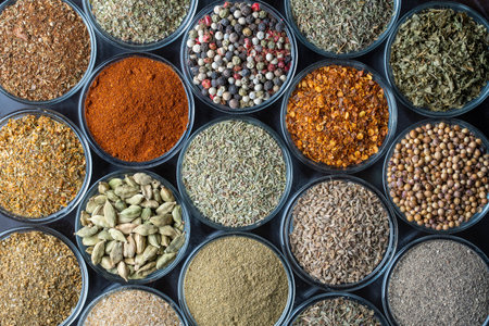 Assortment of aromatic spices, seeds and dry herbs for cooking food on background in smal glass bowls, close up, top viewの写真素材