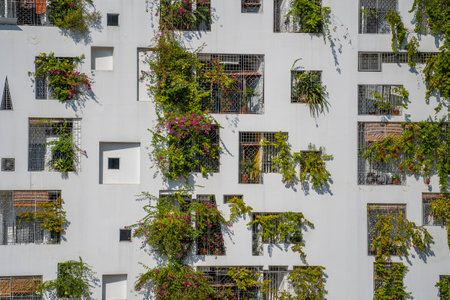 Facade of ecological buildings with green plants on the stone white wall of the house on the street, Vietnamの写真素材