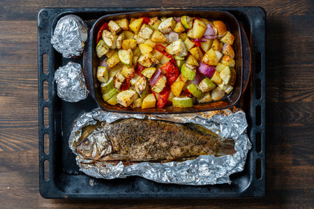 Baked mix vegetables with fish in the oven on a baking sheet, close up, top viewの写真素材