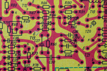 Old radio circuit printed on vintage paper electricity diagram as background for education,...