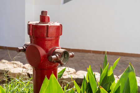 Red fire hydrant on a street in Egypt, close up. Fire hydrant or water plug provide the water...