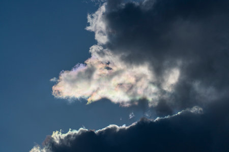 In the evening, dark gray clouds fly across the sky. Puffy fluffy gray clouds at spring day during sunsetの写真素材