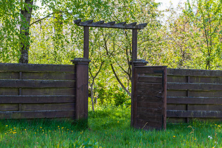 Wooden garden fence with open door and green grass on a spring day at backyardの写真素材