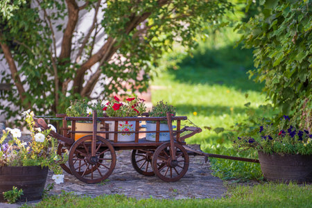 Garden composition with wooden rustic cart with bright flowers in the yard in the ethnographic village of Holloko in Hungaryの写真素材