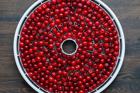 Prepared ripe red pitted cherries on a drying tray for dehydrator, close up, top view. A way to preserve vitamins. Vegetarian meal, healthy and usefulの写真素材