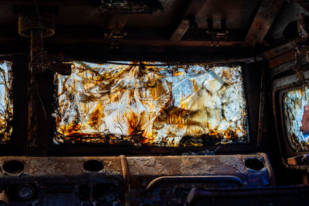 Armor piercing glass of a damaged and burned military infantry fighting vehicle during the war...