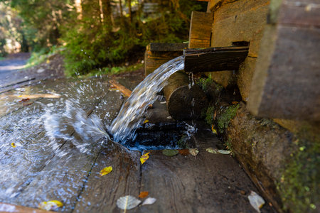 Water spring in the Carpathian mountains on a warm autumn day, close up. West Ukraine. Wooden wellspring with clean drinking water in the mountain forest. Pure, fresh, cold water from natural sourcesの写真素材