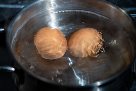 Saucepan with two chicken eggs in boiling water on a gas stove, close upの写真素材