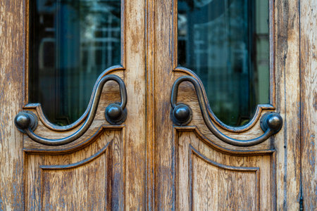 Dark old brown doors with bronze handles and glass. Wooden door with windows with street reflection, close upの写真素材