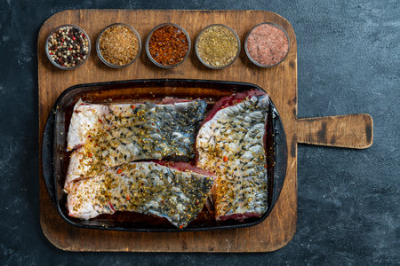 Marinated carp fish fillet with herbs and spices, close up, top view