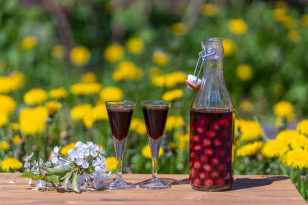 Homemade cherry brandy in two glasses and in a glass bottle on a wooden table in a summer garden, close upの写真素材