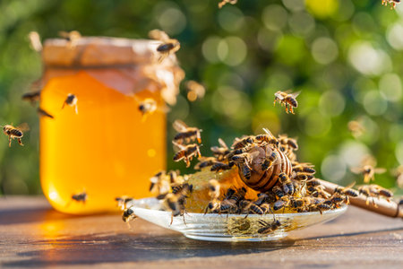 Fresh honey with wooden honey dipper and wild bees on sunny day against nature background, close up. Healthy eating concept. Organic floral honey in glass jar against blurred background with treesの写真素材