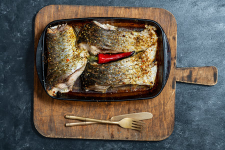 Baked carp fish fillet with red chili pepper and spices in glass baking dish on chopping board,...