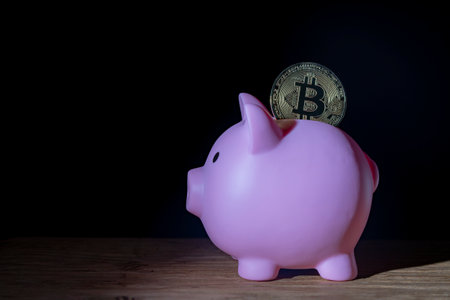 Metal golden bitcoin crypto currency coin in pink piggy bank, close up. Symbol of crypto currency. Concept of electronic virtual money for web banking and international network payment. Copy spaceの写真素材