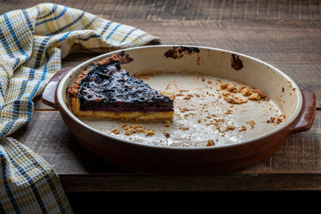 The last piece of blueberry pie in a ceramic baking dish, close up