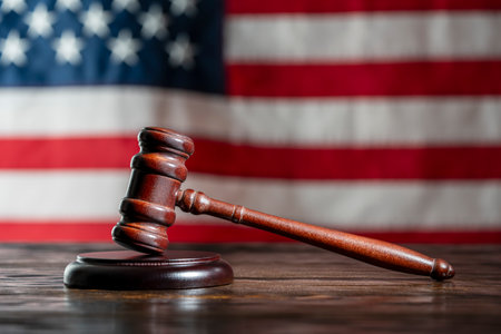 Wooden judge gavel and soundboard on the American flag background, close upの写真素材